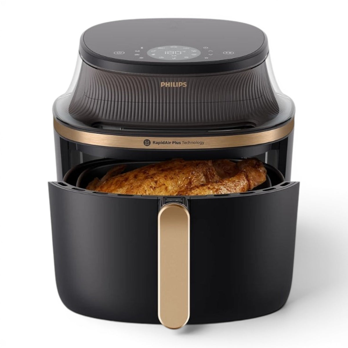 Taghareed Philips Airfryer 3000 Series XL NA342/09 with a whole chicken inside, featuring a digital display and RapidAir Plus technology.