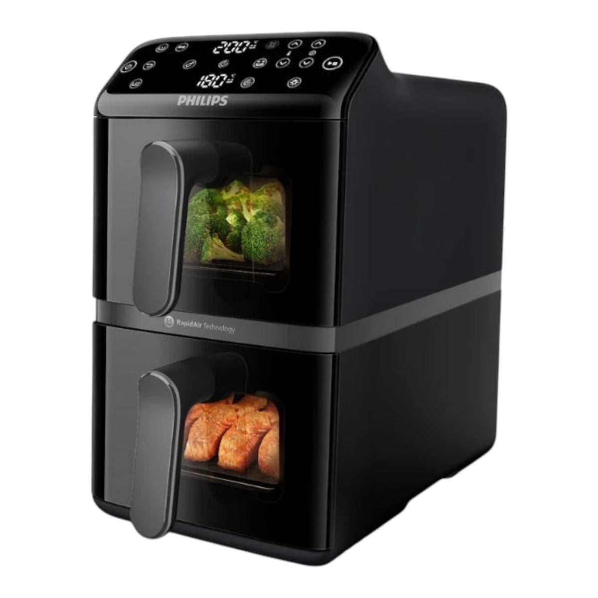 Taghareed Philips Airfryer 4000 Series dual basket stacked design with clear windows showing broccoli and chicken cooking.