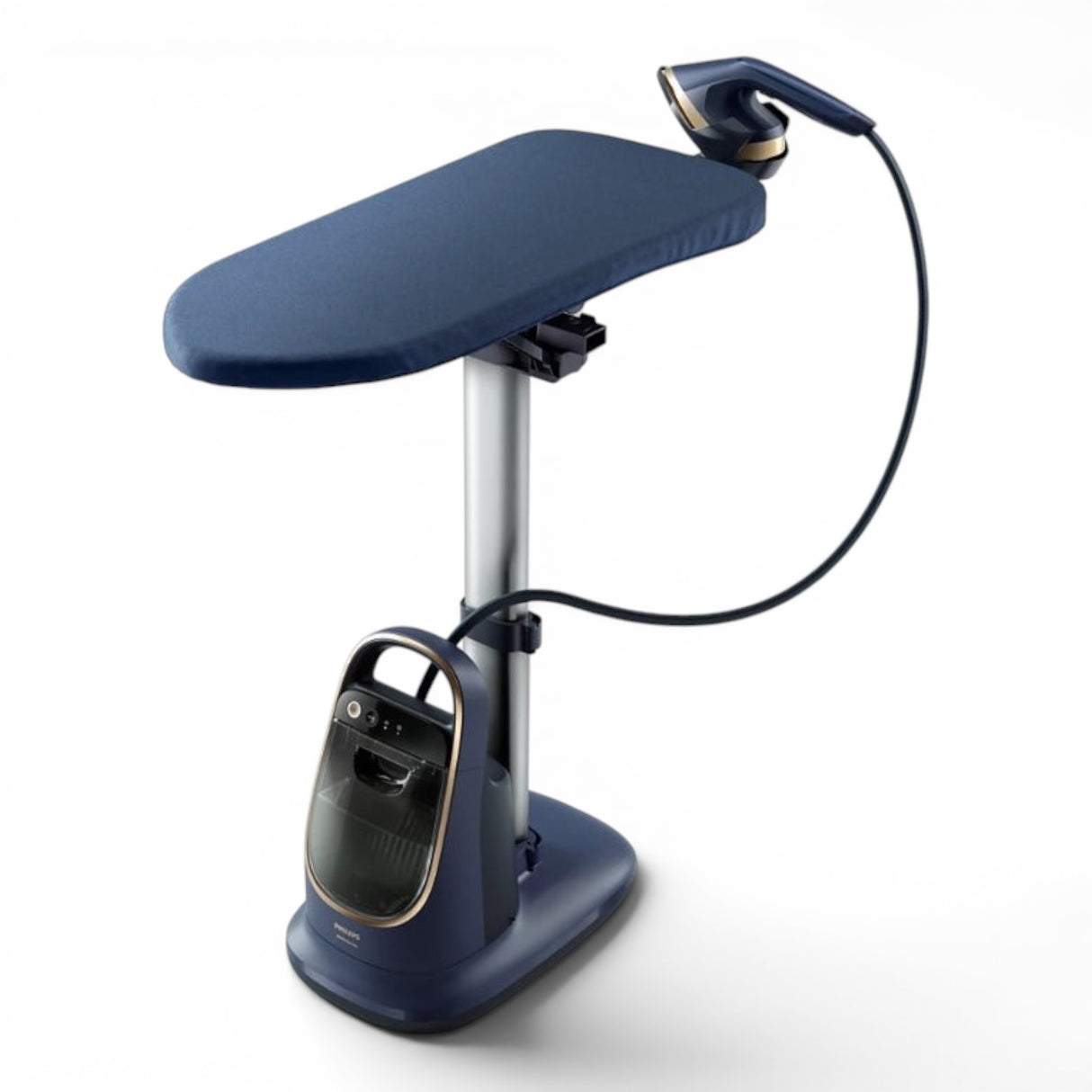 Taghareed Philips All-in-One Ironing Solutions 8500 Series AIS8530/26, navy blue ironing board with detachable base and steam iron.