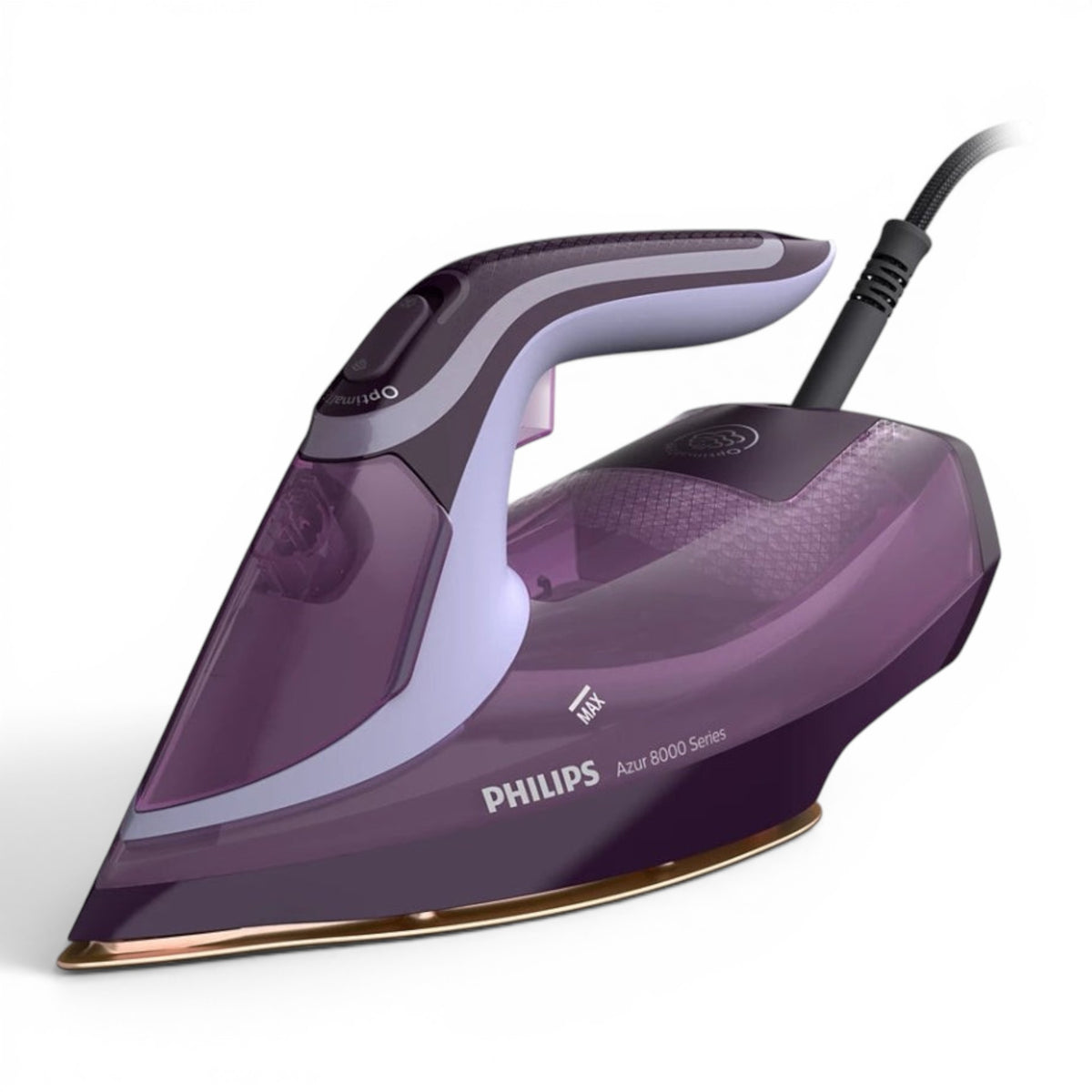Taghareed Philips Azur 8000 Series steam iron in purple with OptimalTEMP technology and SteamGlide Elite soleplate.