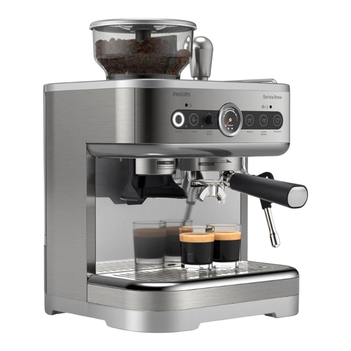 Taghareed Philips Barista Brew semi-automatic espresso machine with built-in grinder and 58mm portafilter, making two espressos.