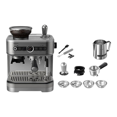 Taghareed Philips Barista Brew semi-automatic espresso machine with built-in grinder and stainless steel portafilter.