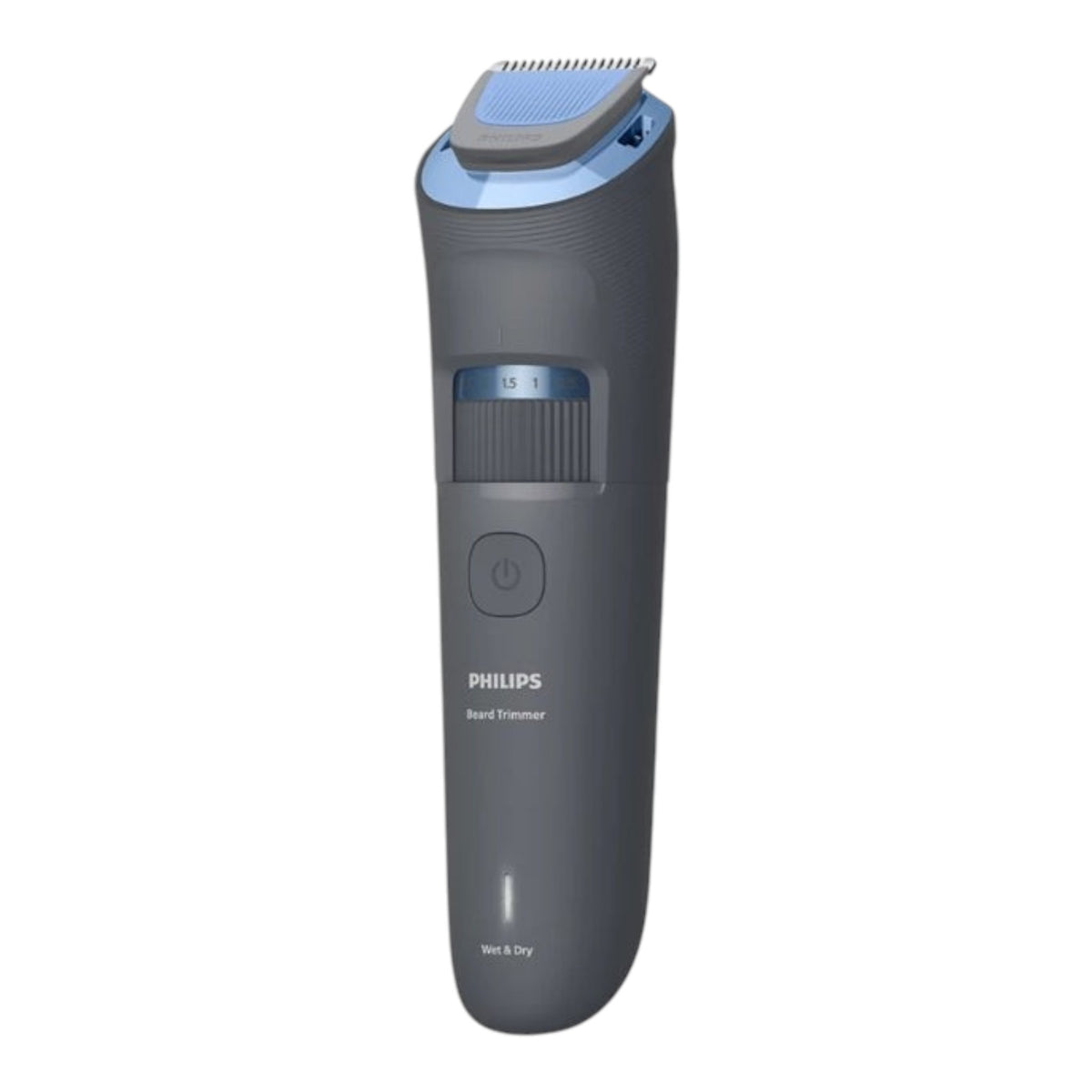 Taghareed Philips Beard Trimmer Series 3000 BT3617/15, gray with blue accents, 20 length settings, wet & dry use, USB-A charging.