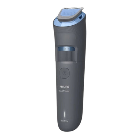 Taghareed Philips Beard Trimmer Series 3000 BT3617/15, gray with blue accents, 20 length settings, wet & dry use, USB-A charging.
