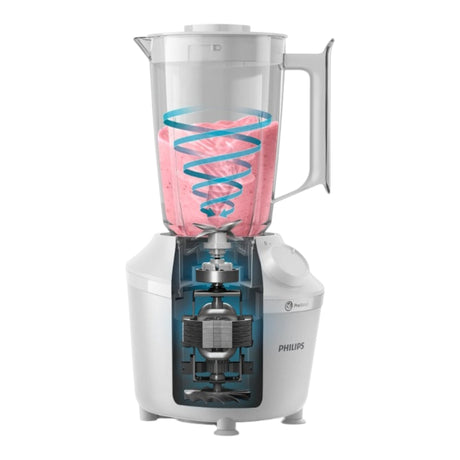 Taghareed Philips 3000 Series white blender with ProBlend technology, 450W motor, 1.9L jar, and stainless steel blades.