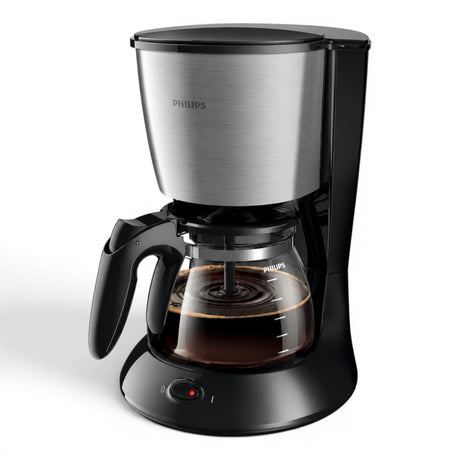Taghareed Philips Daily Collection coffee maker with brushed metal and black finish, 1.2L capacity, 15 cups, Aroma Twister technology.