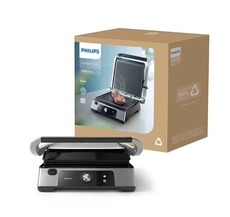Taghareed Philips 5000 Series contact grill with adjustable lid and non-stick plates, 2200W power.