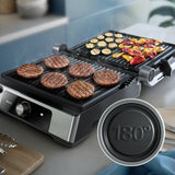 Taghareed Philips 5000 Series contact grill with burgers and vegetables cooking. Features 180° opening.