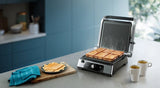 Taghareed Philips 5000 Series contact grill with 4 sandwiches cooking, non-stick removable plates, adjustable lid, and 180° opening.