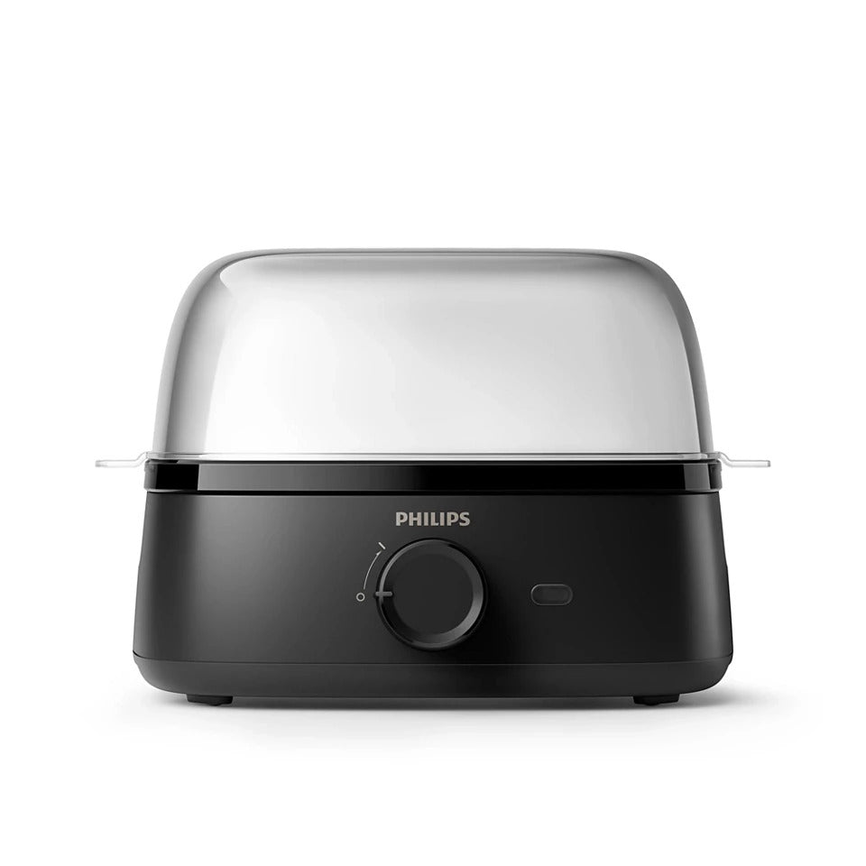 Taghareed Philips 3000 Series HD9137/91 black egg cooker with clear lid, steams up to 6 eggs or 3 poached eggs.