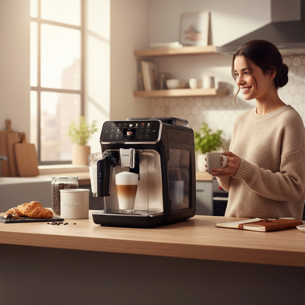 Taghareed Philips 5500 Series fully automatic espresso machine with LatteGo system, 15 bar pressure, and 20 drink options.