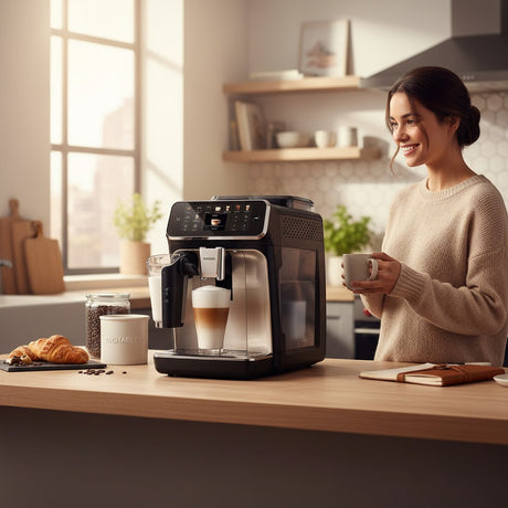 Taghareed Philips 5500 Series fully automatic espresso machine with LatteGo system, 15 bar pressure, and 20 drink options.
