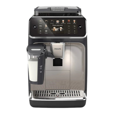 Taghareed Philips 5500 Series espresso machine with LatteGo milk system, TFT display, and ceramic grinder. Black and silver.