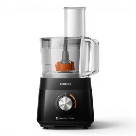 Taghareed Philips 5000 Series black food processor with 750W motor, 1.5L bowl, and 6 accessories for chopping, blending, and juicing.