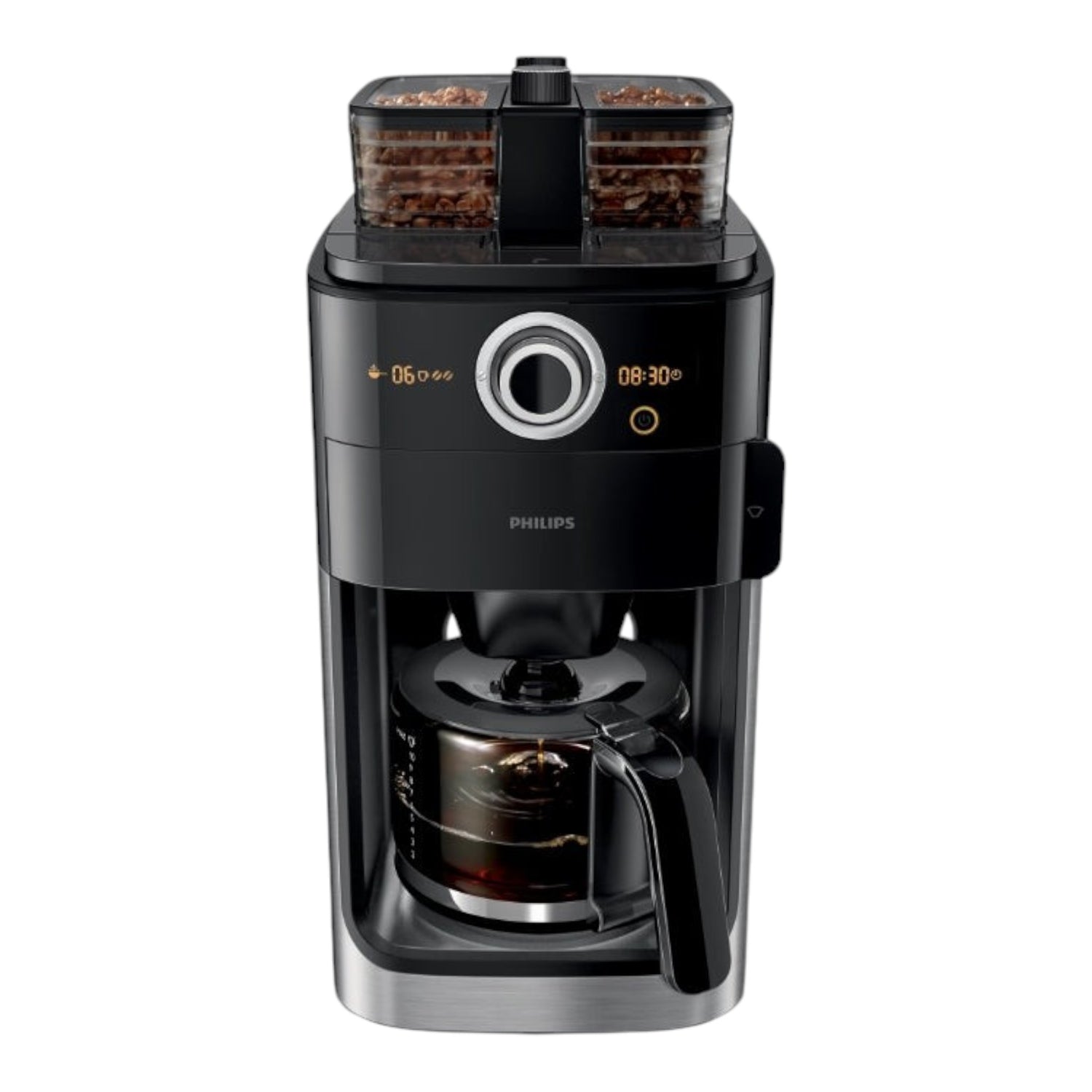 Taghareed Philips Grind & Brew coffee maker with dual bean containers, built-in grinder, and glass carafe.