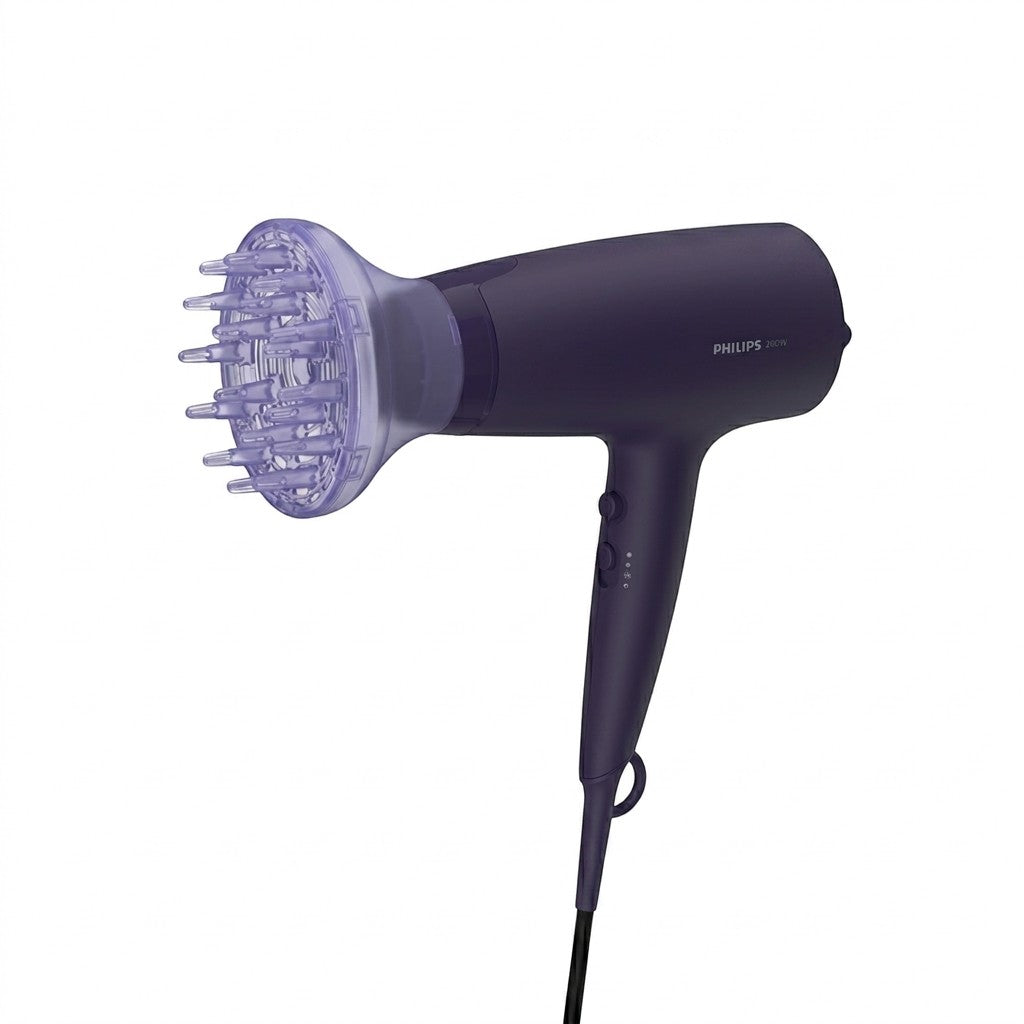 Taghareed Philips 3000 Series purple hair dryer with diffuser attachment, 2100W, 6 heat/speed settings, cool shot.