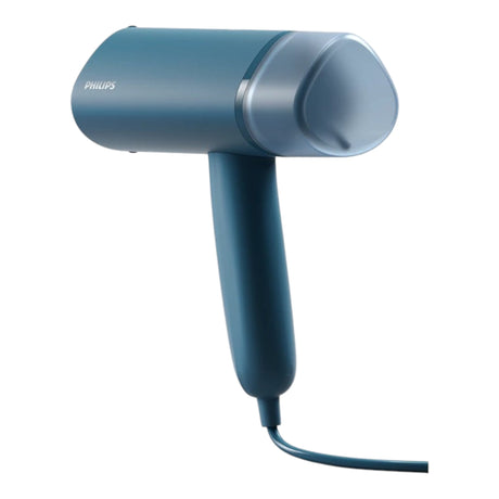 Taghareed Philips 3000 Series handheld steamer in teal blue, compact and foldable design for quick wrinkle removal and garment refreshing.