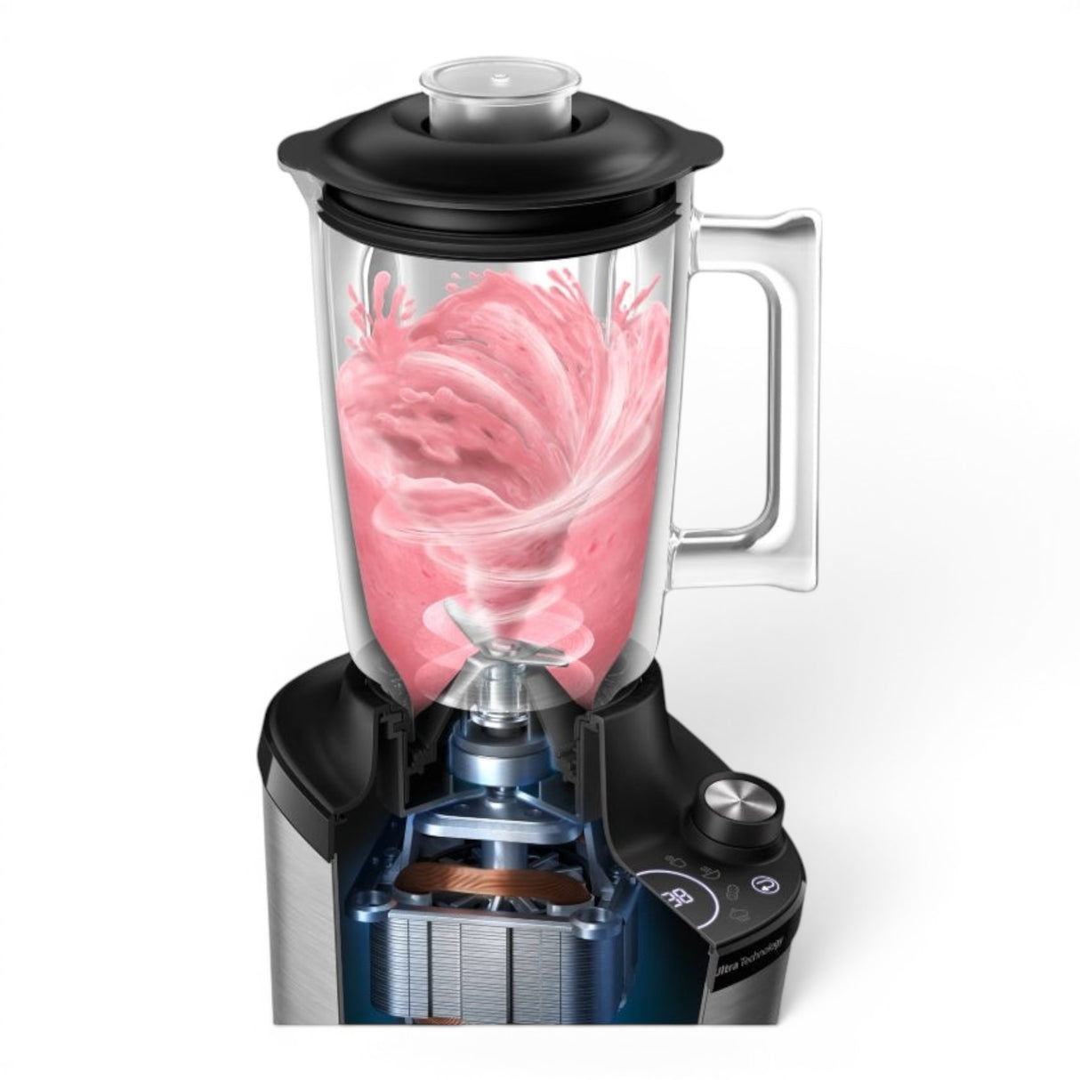 Taghareed Philips 7000 Series High Speed Blender HR3760/00 with pink smoothie swirling inside glass jar, showing internal motor.