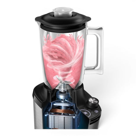 Taghareed Philips 7000 Series High Speed Blender HR3760/00 with pink smoothie swirling inside glass jar, showing internal motor.