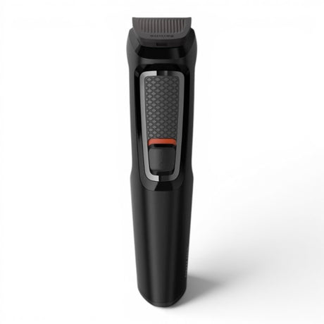 Taghareed Philips Multigroom Series 3000 MG3720/33 black 7-in-1 trimmer with self-sharpening steel blades and washable attachments.