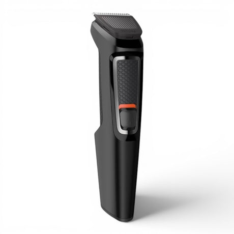 Taghareed Philips Multigroom Series 3000 MG3720/33 black grooming kit with 7 attachments and self-sharpening steel blades.