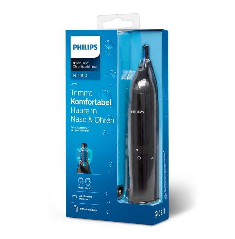 Taghareed Philips Nose Trimmer Series 1000 NT1650/16, black, cordless, AA battery powered, washable, for nose and ear hair.