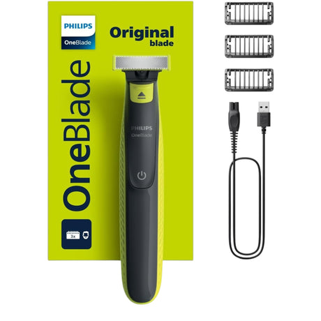 Taghareed Philips OneBlade QP2724/10 electric trimmer with 3 combs and USB charging cable. Features a dual-sided blade for trimming, edging, and shaving.