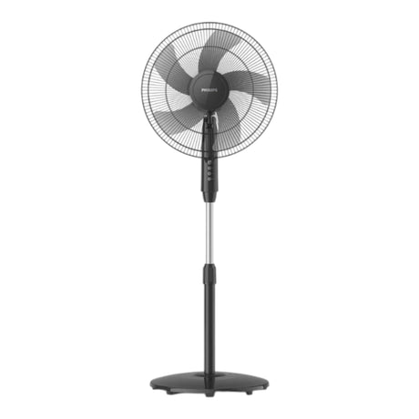 Taghareed Philips Series 600 pedestal fan with 3 speeds, oscillation, and adjustable height in black.