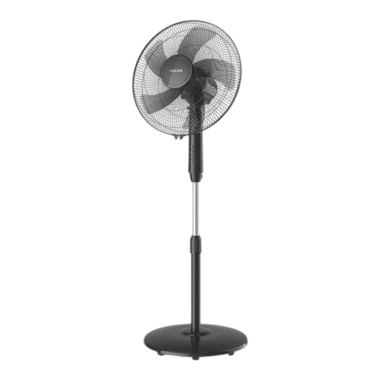 Taghareed Philips Series 600 pedestal fan with 3 speeds, oscillation, and adjustable height. Black.
