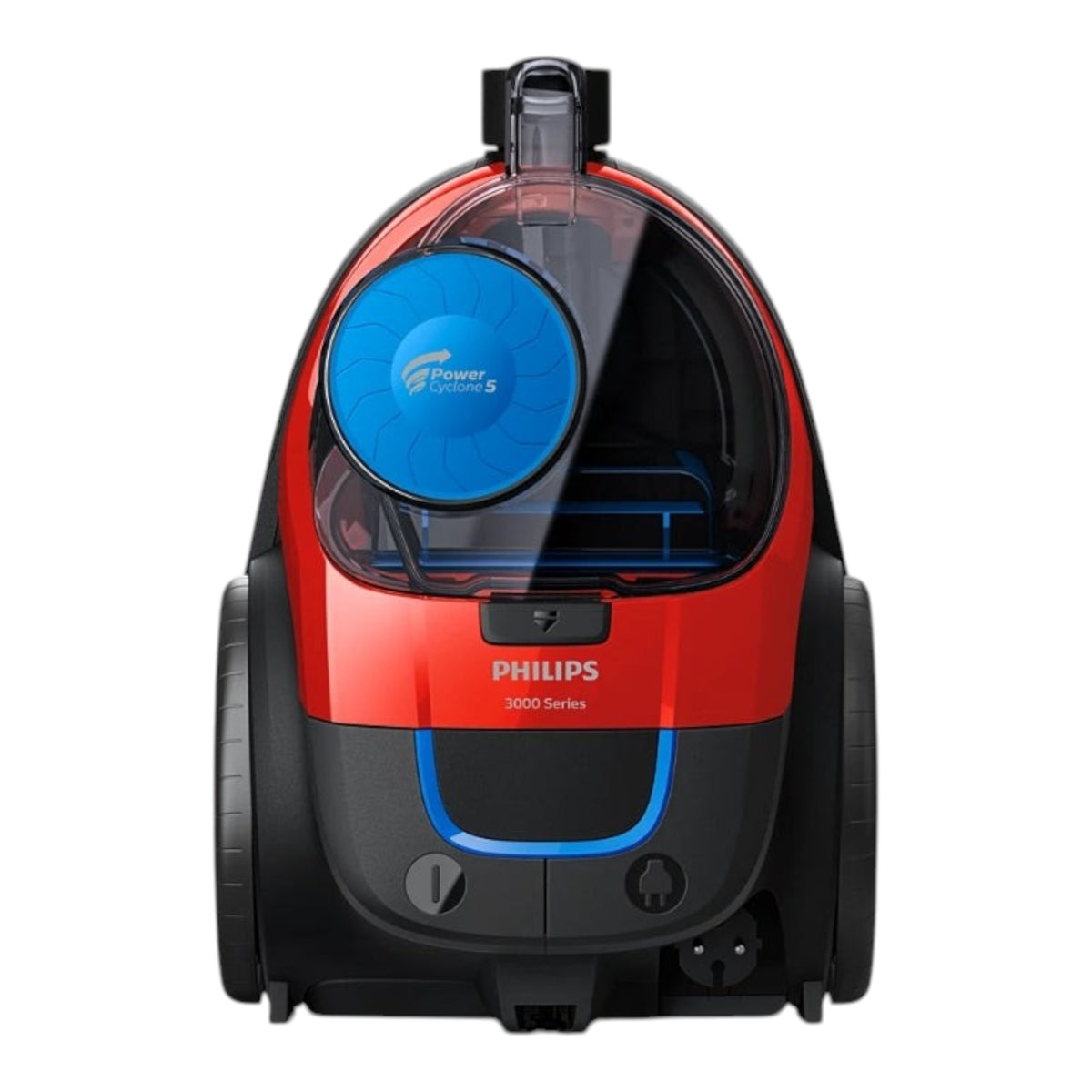 Taghareed Philips PowerPro Compact bagless vacuum cleaner in red and black with blue PowerCyclone 5 detail. Features a transparent dustbin.