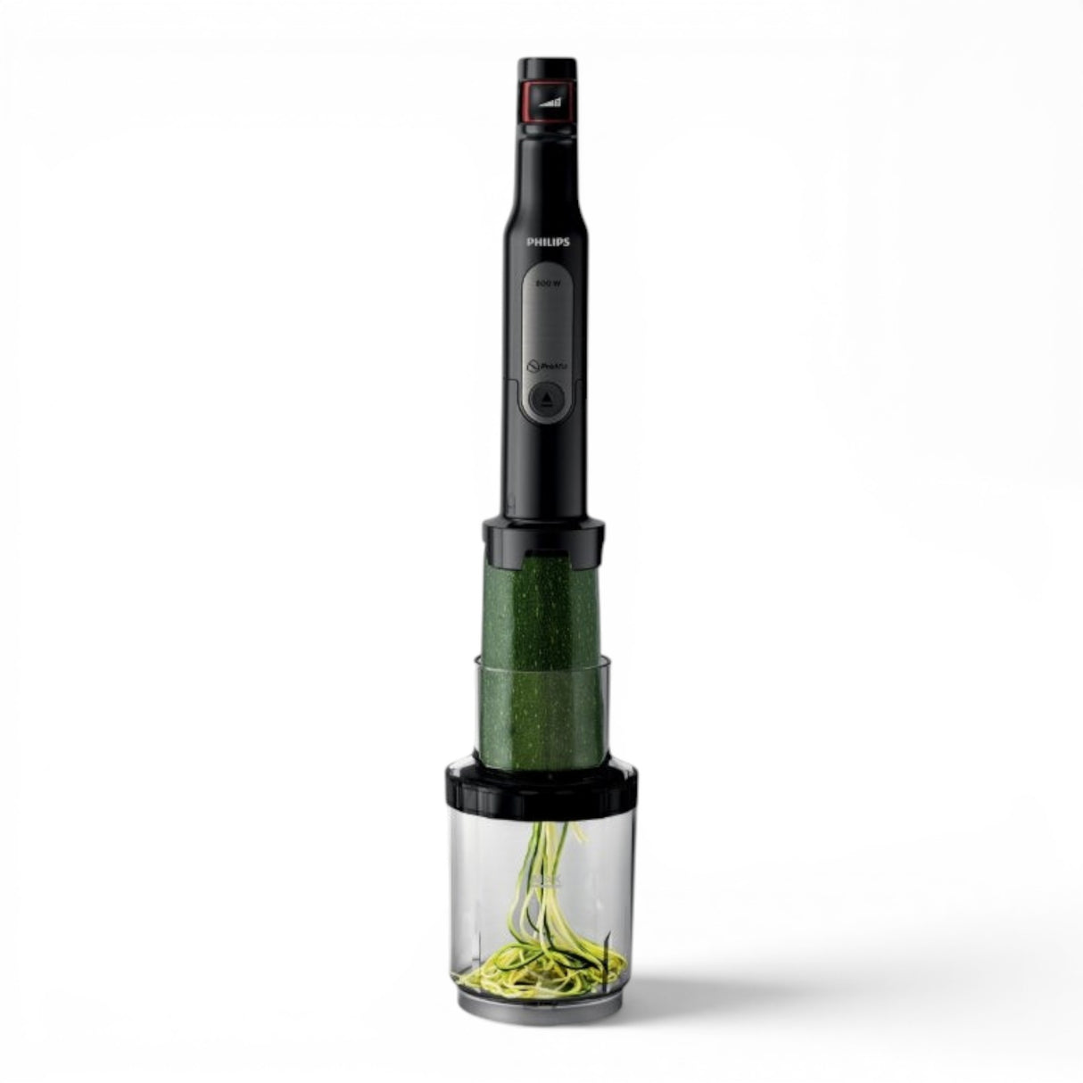 Taghareed Philips Viva Collection ProMix hand blender with spiralizer attachment making zucchini noodles.