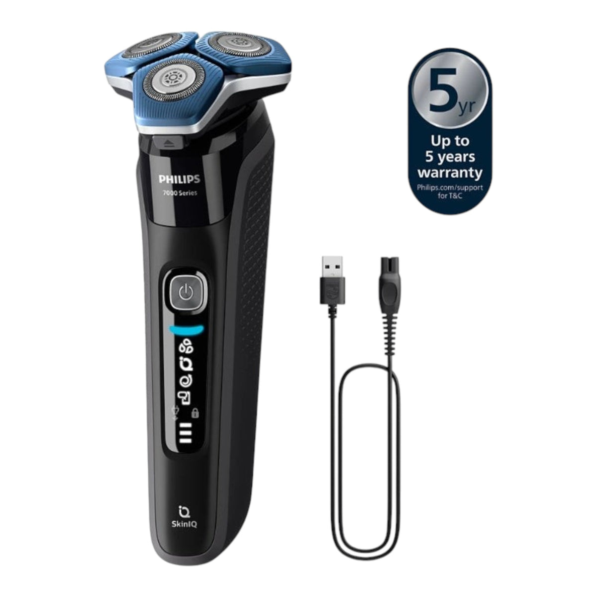 Taghareed Philips Shaver Series 7000 S7886/35, black with blue accents, 360° flex heads, SkinIQ technology, and USB charging cable.