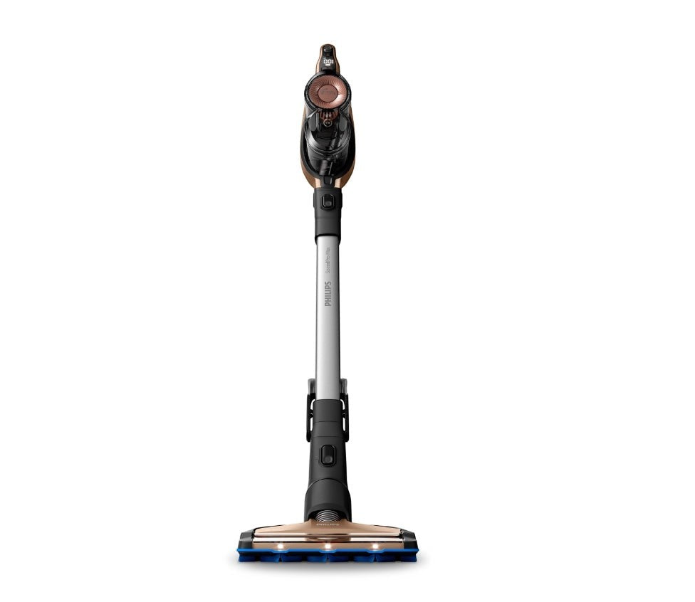 Taghareed Philips SpeedPro Max stick vacuum cleaner in rose gold and silver with a 360° suction nozzle and LED lights.