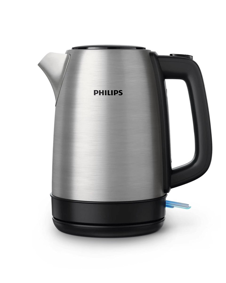 Taghareed Philips stainless steel electric kettle with black handle and water level indicator, 1.7L capacity, 2200W power.