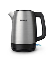 Taghareed Philips stainless steel electric kettle with black handle and water level indicator, 1.7L capacity, 2200W power.