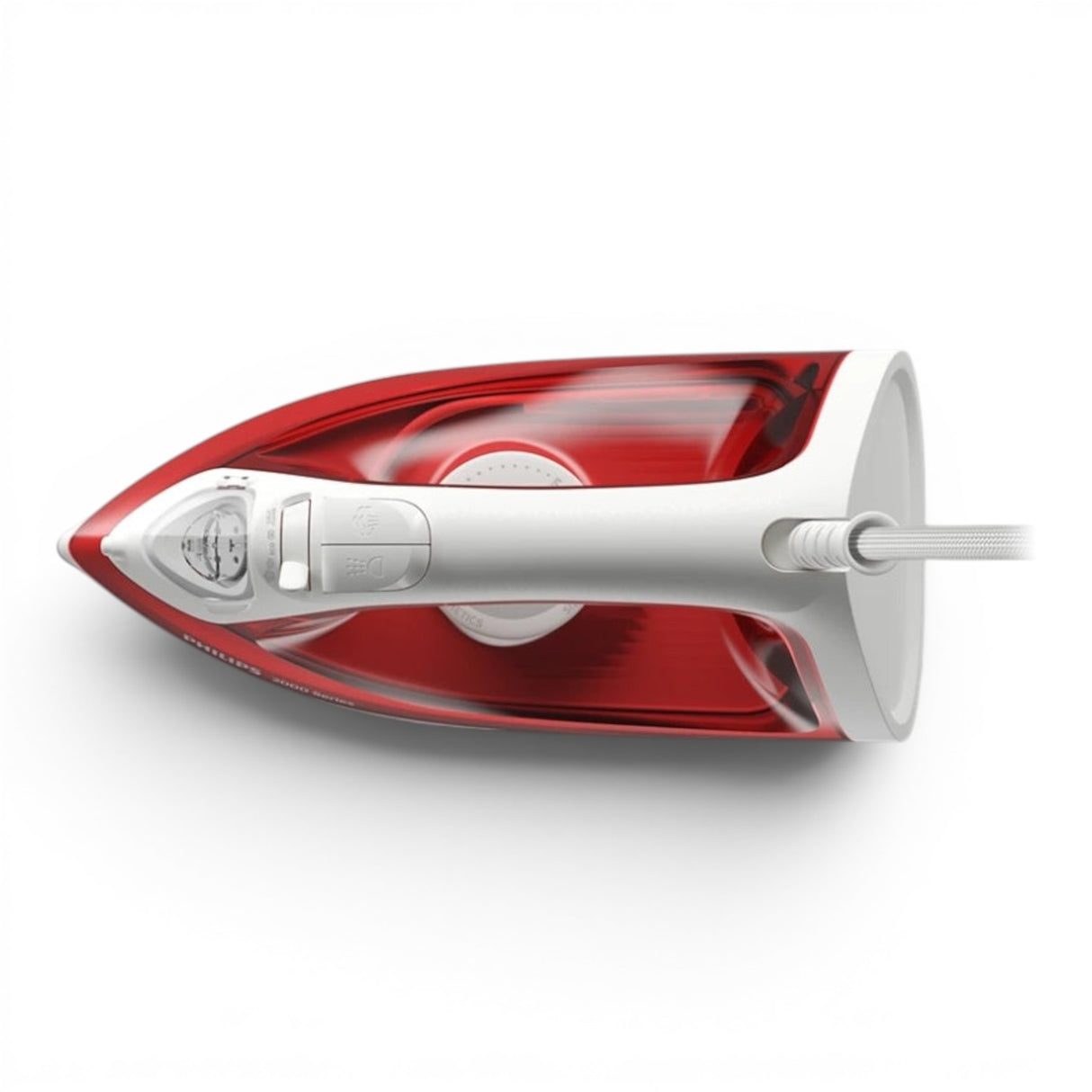 Taghareed Philips 2000 Series red and white steam iron with Non-Stick soleplate and 2000W power.
