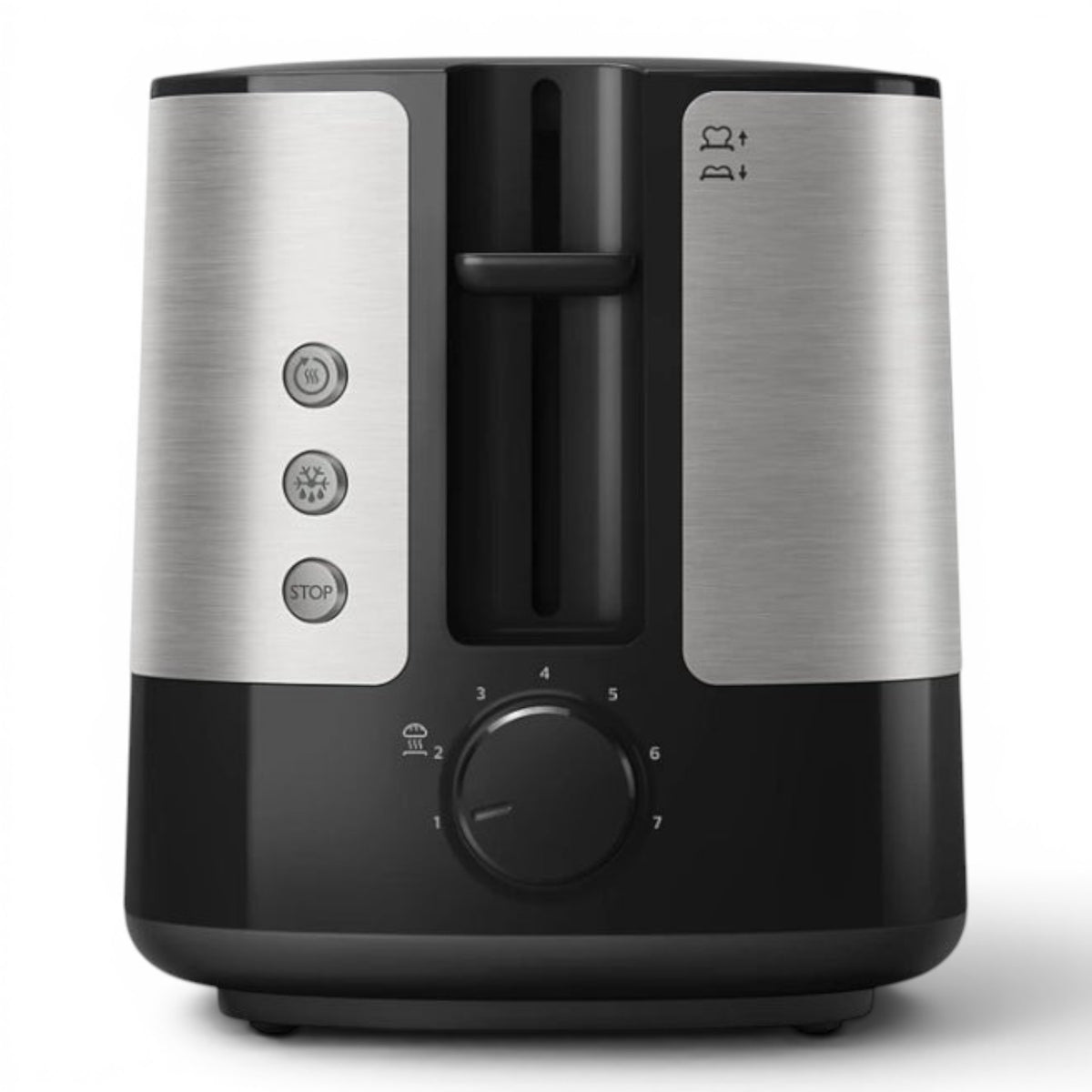 Taghareed Philips Viva Collection 2-slice toaster in brushed stainless steel and black, with 7 browning settings, reheat, defrost, and bun rack.
