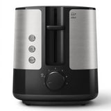 Taghareed Philips Viva Collection 2-slice toaster in brushed stainless steel and black, with 7 browning settings, reheat, defrost, and bun rack.