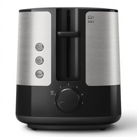Taghareed Philips Viva Collection 2-slice toaster in brushed stainless steel and black, with 7 browning settings, reheat, defrost, and bun rack.