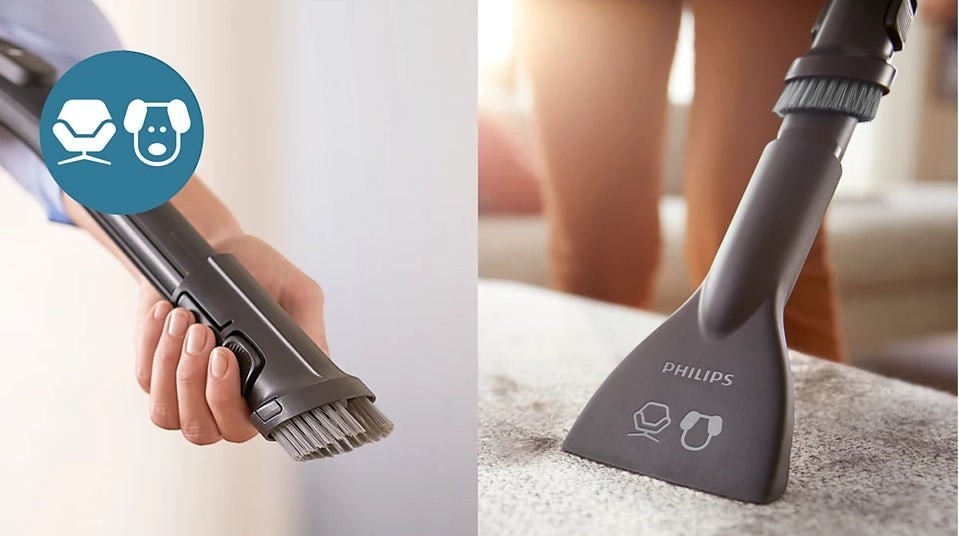 Taghareed Philips 5000 Series vacuum cleaner attachments: upholstery tool and crevice tool with pet hair icon.