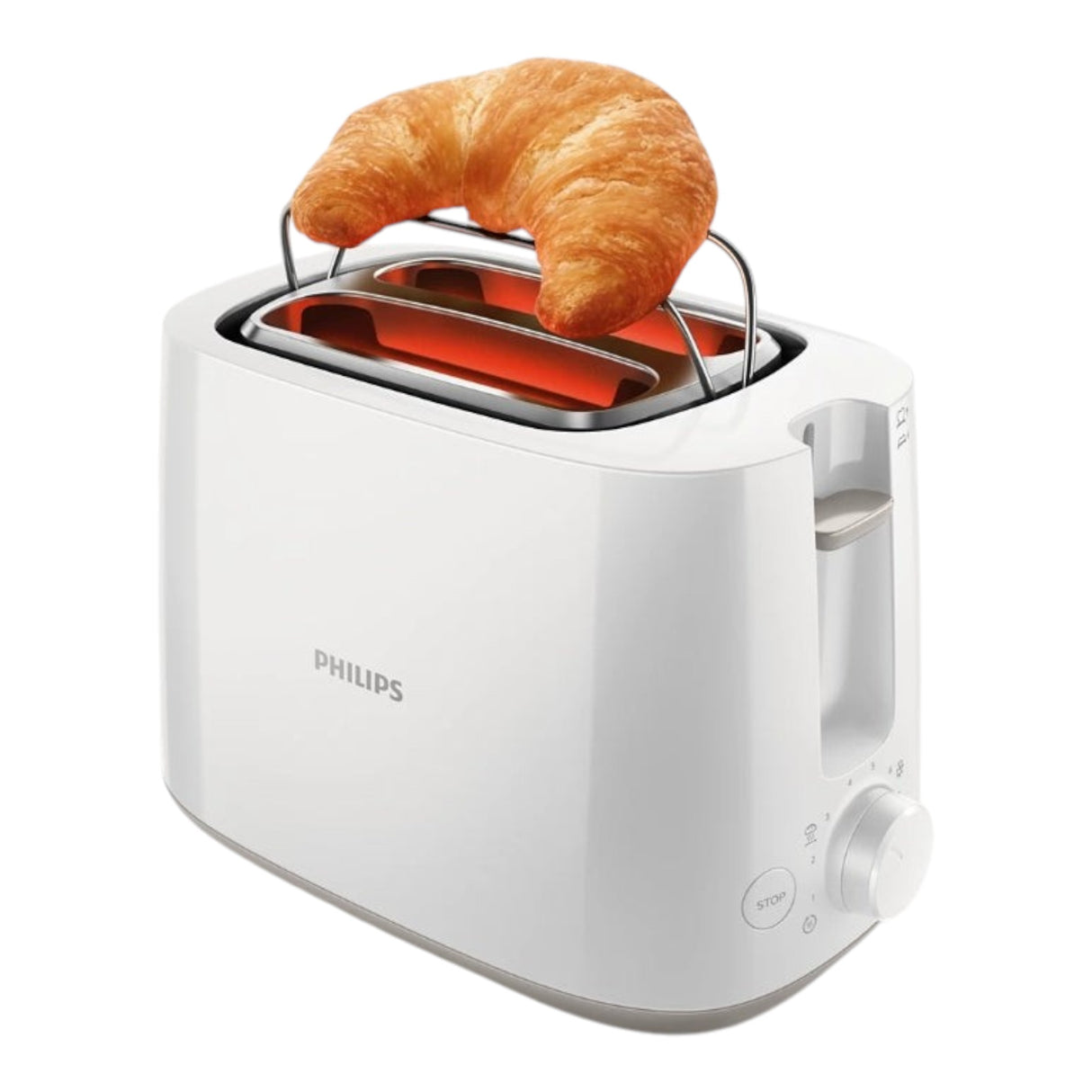 Taghareed Philips white 2-slice toaster with bun rack, 8 browning settings, reheat, defrost, and cancel functions.