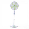 Taghareed Sona 16" stand fan with green blades and push button controls, white and black plastic construction.