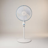Taghareed Sona 16" white stand fan with blue trim, adjustable height, and oscillating function for home or office cooling.
