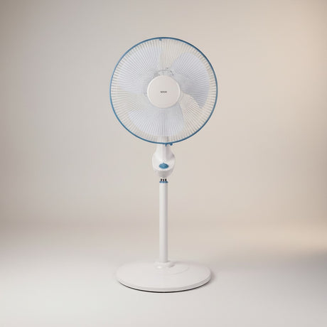Taghareed Sona 16" white stand fan with blue trim, adjustable height, and oscillating function for home or office cooling.