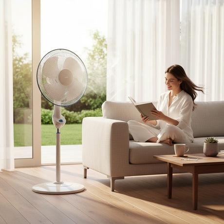 Taghareed Sona 16" white and blue stand fan with adjustable height, providing cooling in a living room setting.