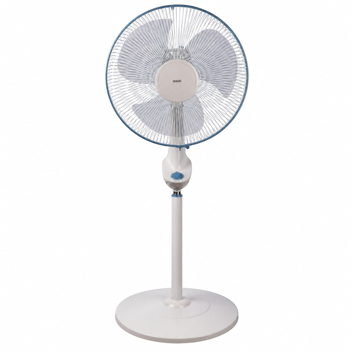 Taghareed Sona 16" white and blue stand fan with adjustable height and oscillating head for powerful cooling.