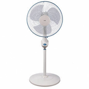 Taghareed Sona 16" white and blue stand fan with adjustable height and oscillating head for powerful cooling.