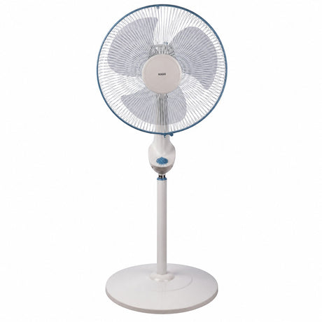 Taghareed Sona 16" white and blue stand fan with adjustable height and oscillating head for powerful cooling.
