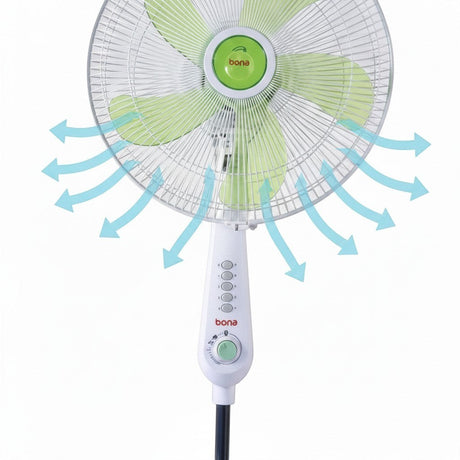 Taghareed Sona 16" white stand fan with green blades and push button controls for home or office use.