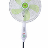 Taghareed Sona 16" stand fan with white body, green blades, and push button controls. Ideal for home or office.